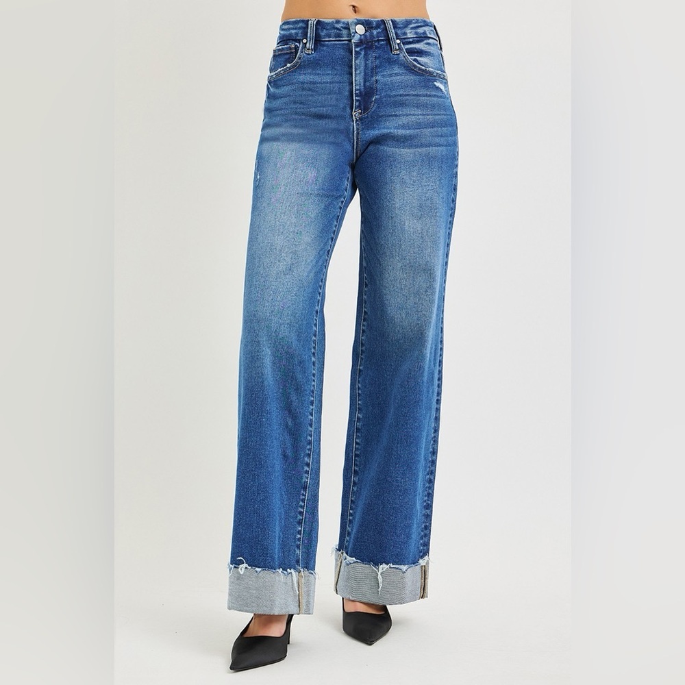RISEN High Rise Wide Leg Jeans With Cuffed Hem​